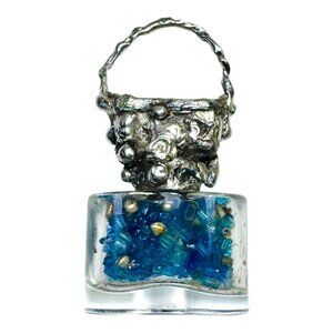 Repurposed Perfume Glass Bottle Pendant with Brrutalist Metalwork Leather Strap